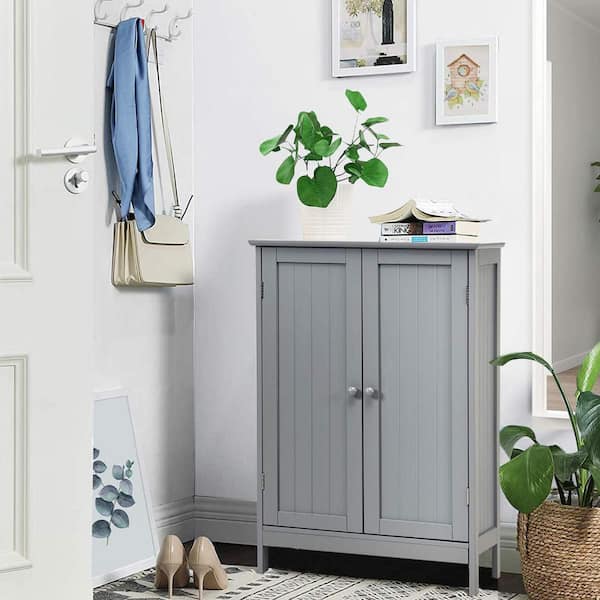 23.5 in. W x 14 in. D x 34.5 in. H Gray Bathroom Floor Storage Linen Cabinet Double Door Kitchen Cupboard