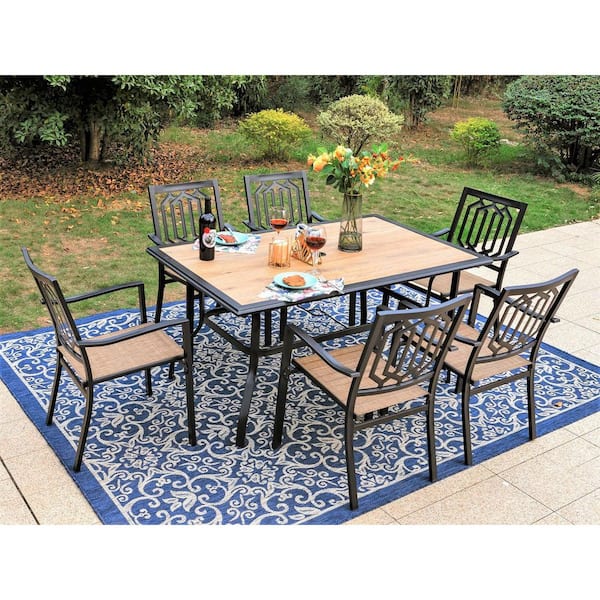 PHI VILLA Black 7Piece Metal Outdoor Patio Dining Set with WoodLook