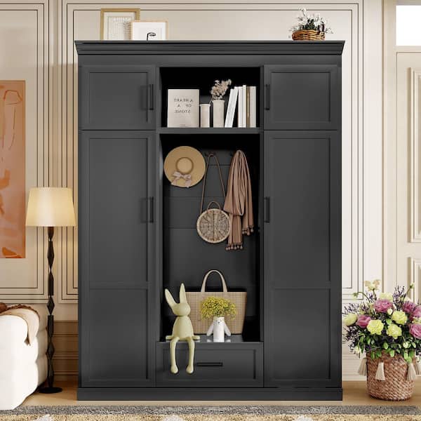 Harper & Bright Designs Black 85.2 in. H Modern Entryway 4-Door Hall Tree with 3 Hooks, 25.2 in. W Bench, Adjustable Shelves and Drawer