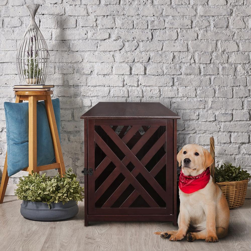 Espresso Pine Wood Lattice Pet Crate End Table