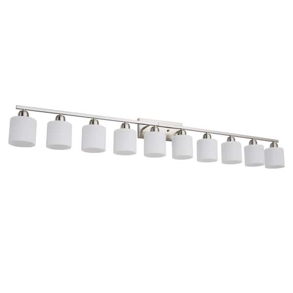 65 in. 10-Light Brushed Nickel Vanity Light Over Mirror, Wall Sconces with Milky White Frosted Glass Shades
