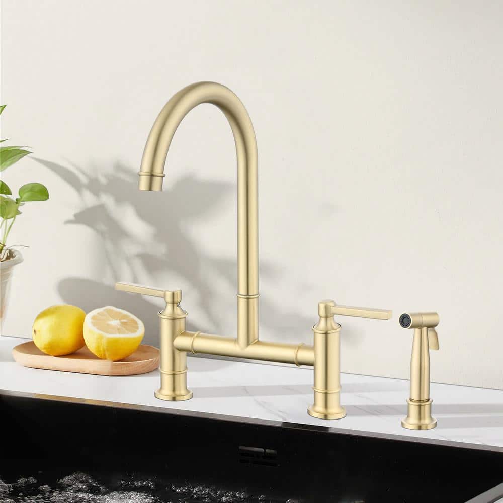 Brushed Gold Stainless Steel Double Handle Bridge Kitchen Faucet