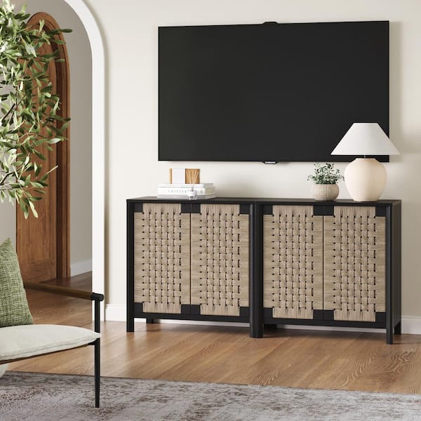 Aerie Wood Black Cabinet 31 in. Accent Cabinet, Boho Storage Cabinet with Seagrass Doors and Solid Wood Legs, (Set of 2)