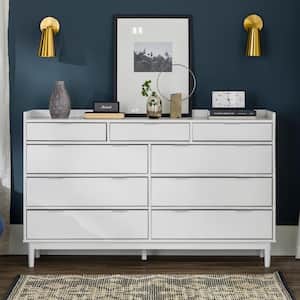 9-Drawer White Solid Wood Mid-Century Modern Dresser with Tray Top (36 in. H x 60 in. W x 16 in. D)