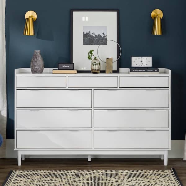 Welwick Designs 9-Drawer White Solid Wood Mid-Century Modern Dresser with Tray Top (36 in. H x 60 in. W x 16 in. D)