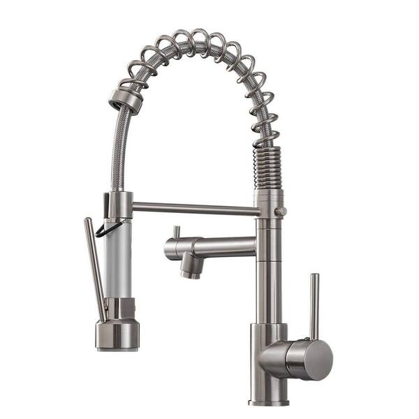 WELLFOR Spring Single Handle Deck Mount Low Arc Pull Down Sprayer Kitchen Faucet with Supply Line in Brushed Nickel