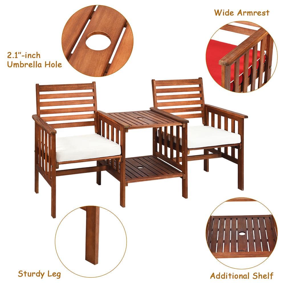 Acacia Wood 2-Person Patio Loveseat Set with Off-White Cushions