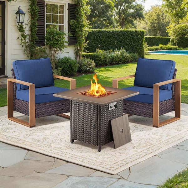 FanKan Brown 3-Piece Wicker Outdoor Glider Chair Patio Deep Seating with Rectangular Fire Table and Blue Cushions