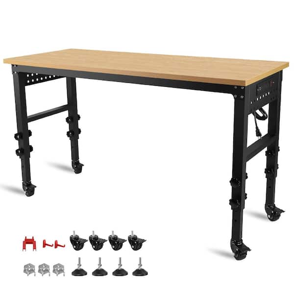 60 in. W x 24 in. D Adjustable Height Black Workbench Table with Solid Rubber Wood Top, Power Outlet and Wheels
