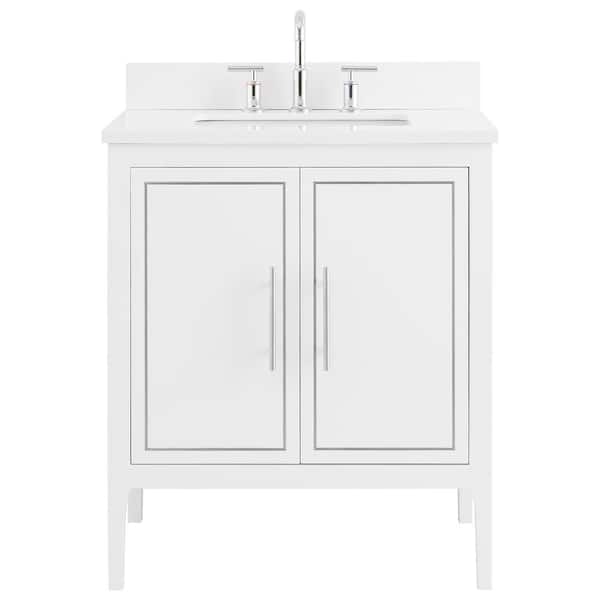 Chameleon Concepts Exeter 30 in. Free Standing Bath Vanity in White and Silver with Pure White Quartz Top and Single Sink Ceramic Basin