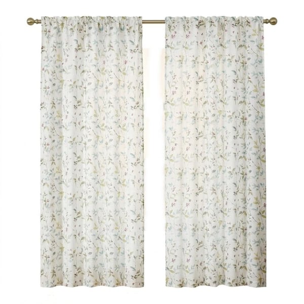 White Linen Blend 52 in. W x 84 in. L Floral Printed Light Filtering Curtain (Set of 2 Panels)