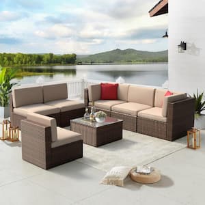 7-Piece Brown Wicker Outdoor Sectional Set with Beige Cushions and Coffee Table