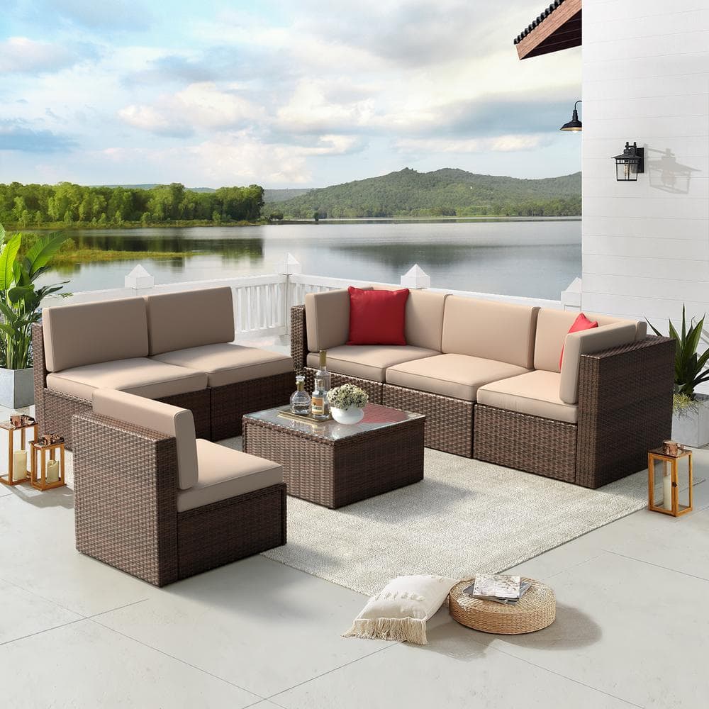 Winado Brown 7-Piece Wicker Outdoor Sectional Set with Beige Cushions  835121212571 - The Home Depot