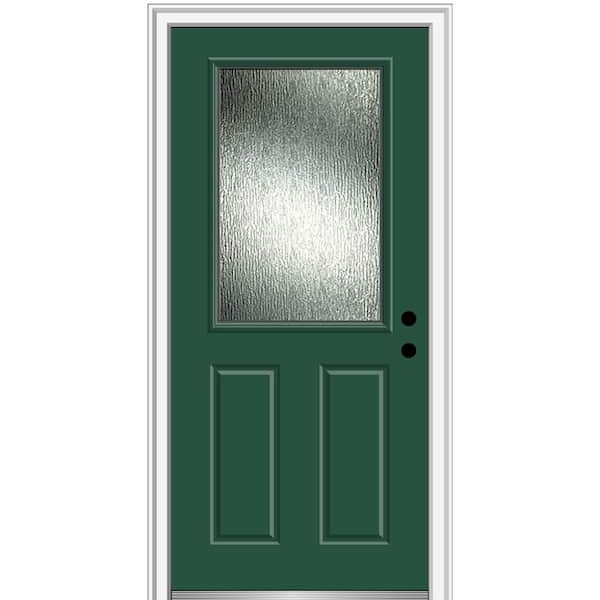 MMI DOOR Rain Glass 34 in. x 80 in. Left-Hand Inswing 1/2 Lite 2-Panel Painted Hunter Green Prehung Front Door, 4-9/16 in. Frame