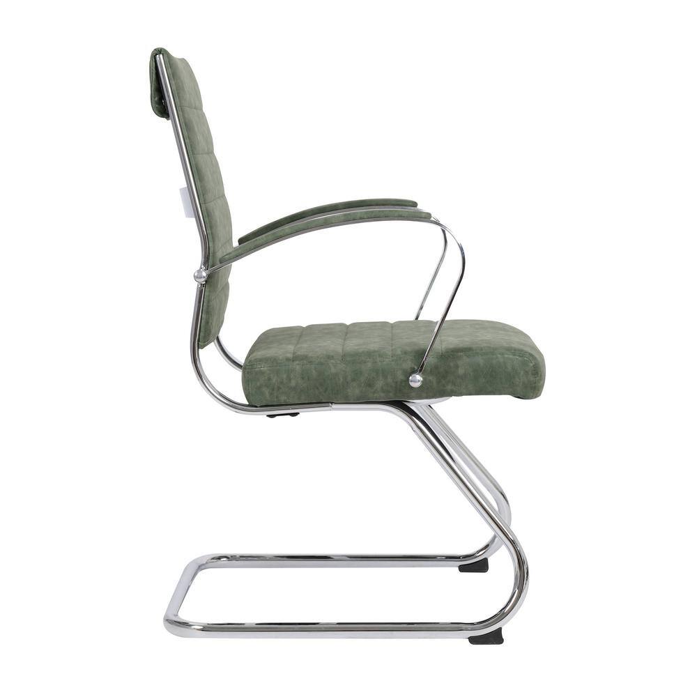 Green Leather Office Chair with Fixed Arms and Metal Frame