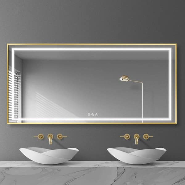 FUNKOL 96 in. W x 36 in. H LED Rectangular High Lumen Framed Wall Mount Bathroom Vanity Mirror, Anti-fog Split, Memory Function