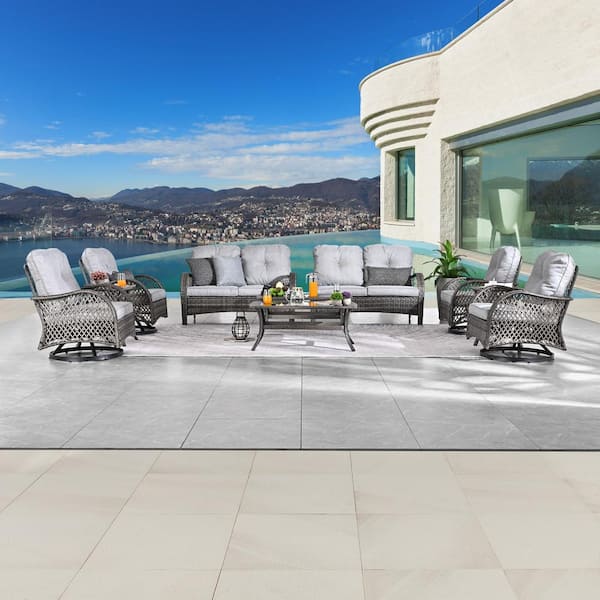 Patio Festival 10-Piece Wicker Patio Conversation Set with Gray Cushions