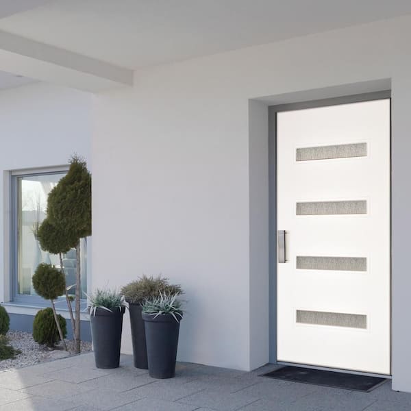 36 in. x 80 in. Water Wave Smooth White Right-Hand Inswing 4 Lite Rain Fiberglass Prehung Front Door
