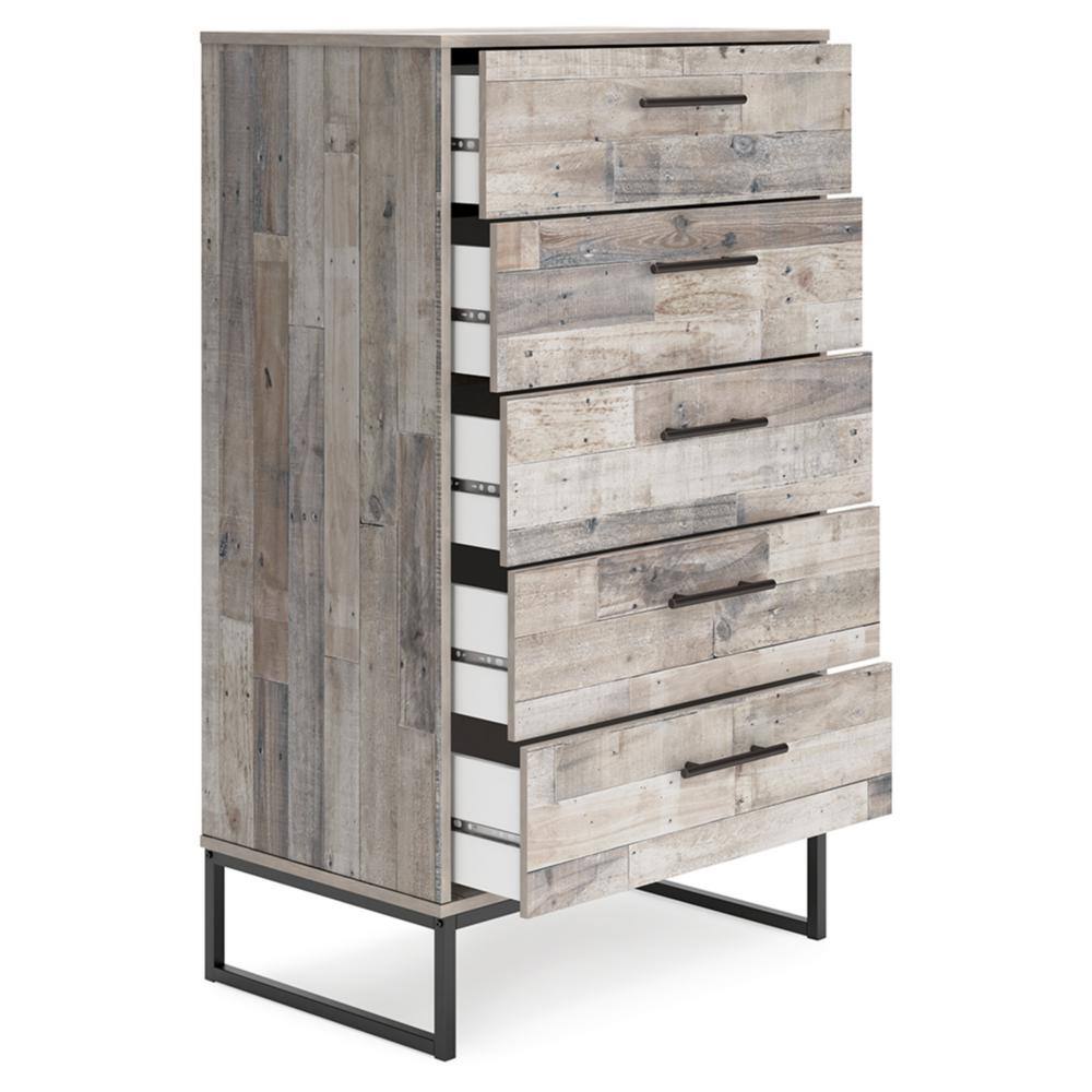 Transitional Whitewash Pine 5-Drawer Chest with Pewter-Tone Pulls