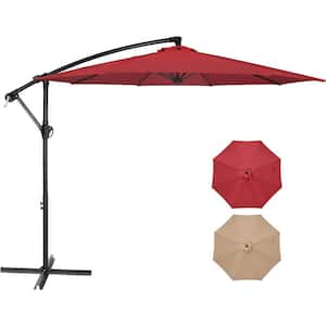 10 ft. Outdoor Cantilever Hanging Patio Umbrella in Red with Crank and Cross Base for Garden, Lawn, Backyard and Deck