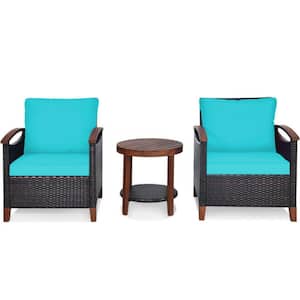 3-Pieces Rattan Wicker Patio Conversation Set with Turquoise Washable Cushions and Acacia Wood Coffee Table