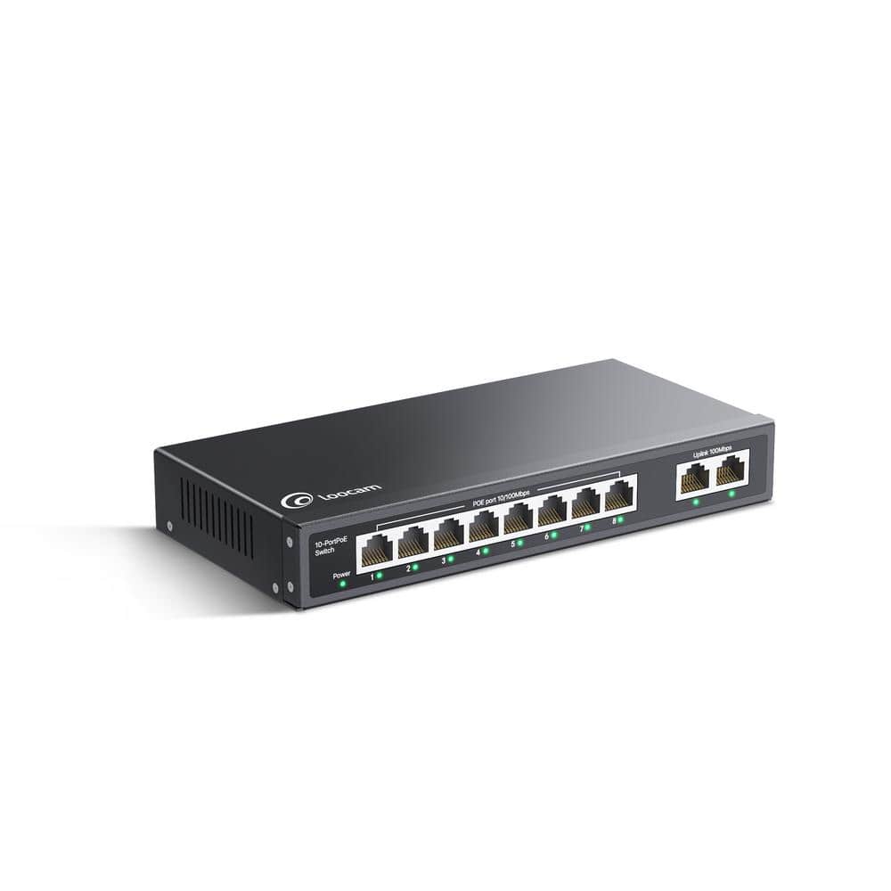 LOOCAM 10-Port PoE Switch with 8-10/100Mbps PoE Port, 2-10/100Mbps Uplink Ports, Unmanaged Ethernet Network Switch -  LNA-SPND08-BS