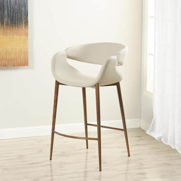Joshua 25.59 in. Taupe Low Back Metal Bar Stool with Leather Seat