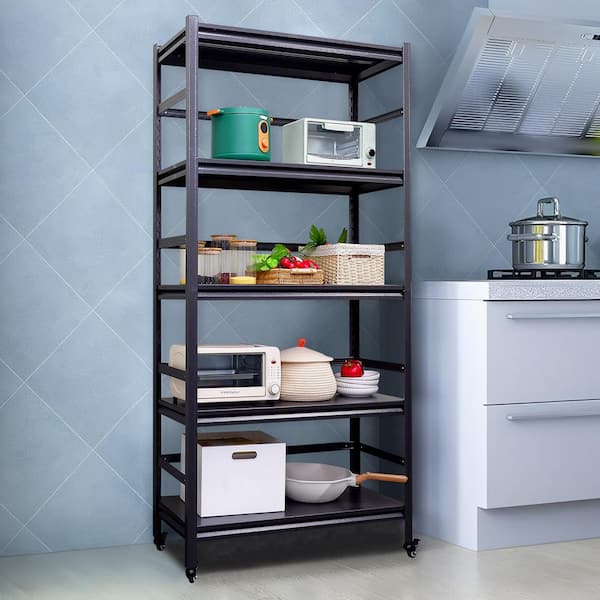 Tileon 4-Shelf Iron Pantry Organizer with Wheels in Silver, Adjustable Heavy-Duty Storage Shelves for Kitchen