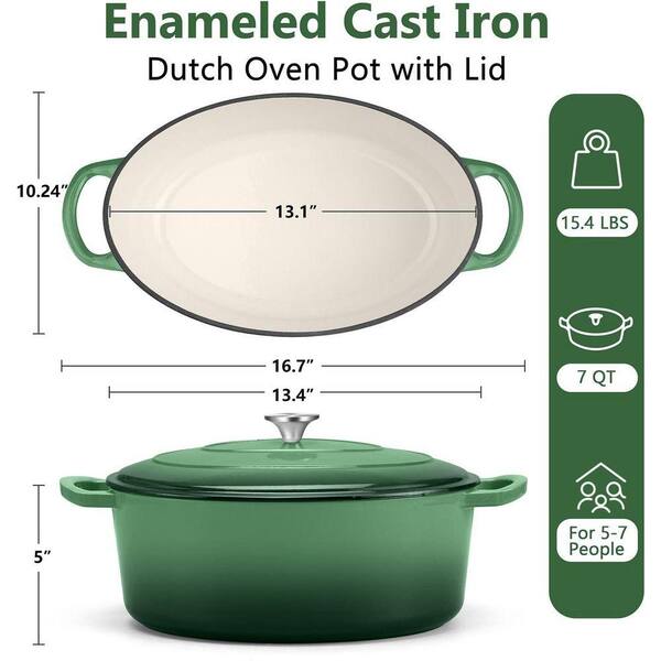 UUDULY 7 qt. Oval Enameled Cast Iron Dutch Oven in Basil Green