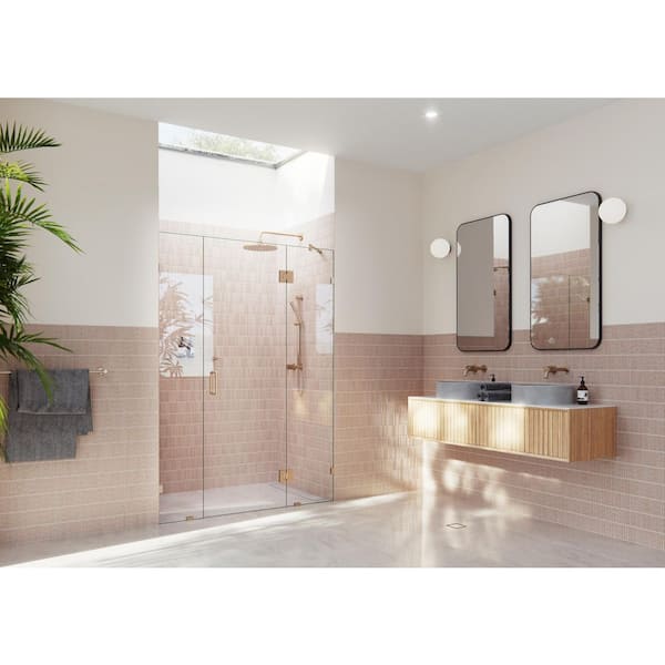Glass Warehouse Stellar 56.5 in. W x 78 in. H Glass Hinged Pivot Frameless 3-Panel Inline Shower Door in Brushed Bronze