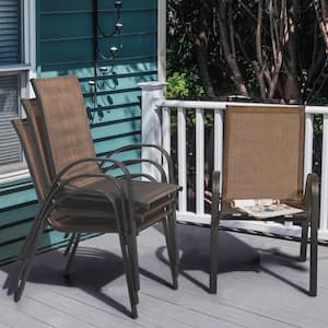 Black Metal and Textilene Stackable Outdoor Dining Chairs in Brown (4-Pack)