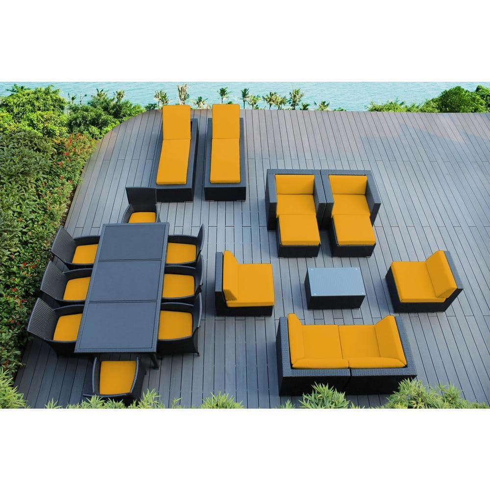 Black 20-Piece Wicker Patio Combo Conversation Set with Sunbrella Sunflower Yellow Cushions