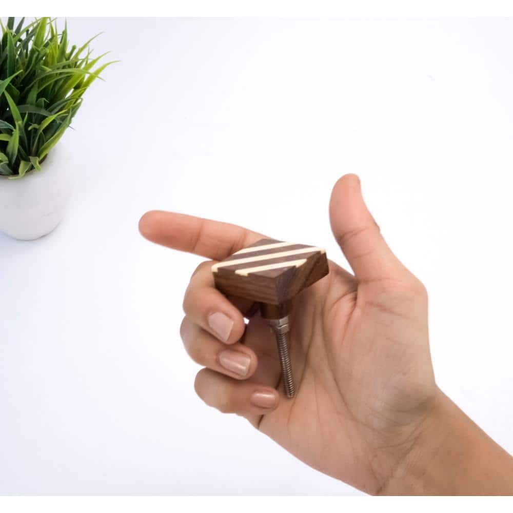Cream and Brown Wood Square Cabinet Knob with Mounting Hardware