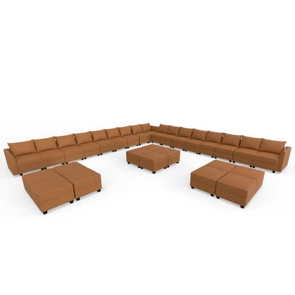 215.96 in. Faux Leather Contemporary 13-Seater Upholstered Living Room Set Sectional Sofa with 6 Ottoman in. Caramel
