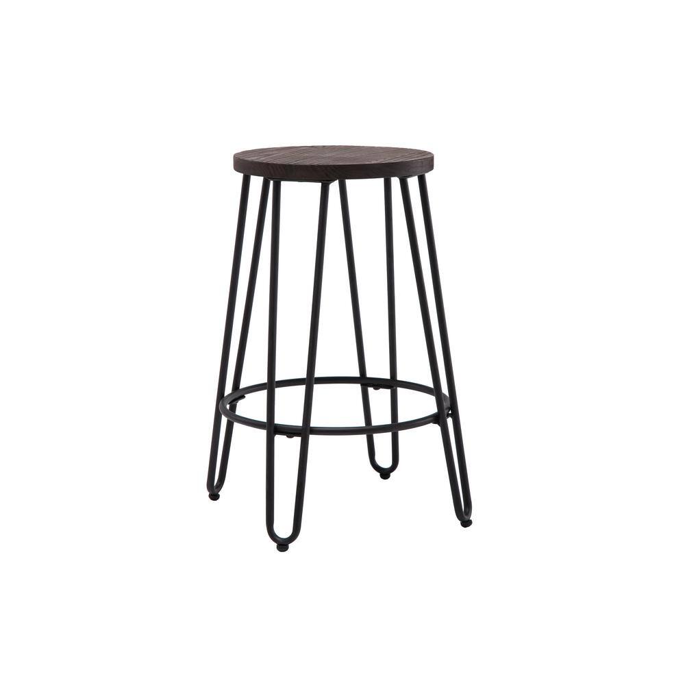 Industrial Black Steel and Wood 24" Backless Counter Stool
