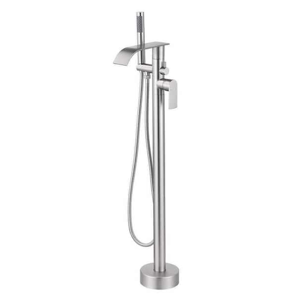 Single-Handle Waterfall Freestanding Tub Faucet with Handheld Shower in Brushed Nickel