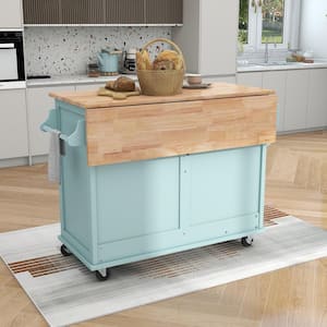 52.2 in. W Mint Green Kitchen Cart with Rubber Wood Drop-Leaf Countertop, Storage Cabinet and 2-Drawers