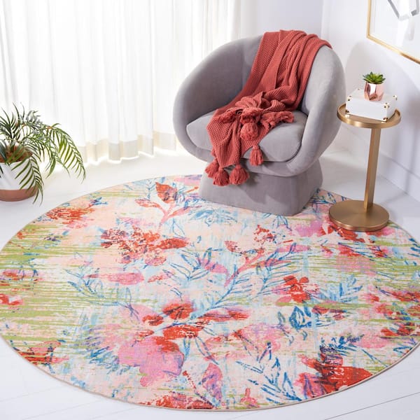 Paint Brush Blue/Blush Pink 7 ft. x 7 ft. Machine Washable Floral Leaf Round Area Rug