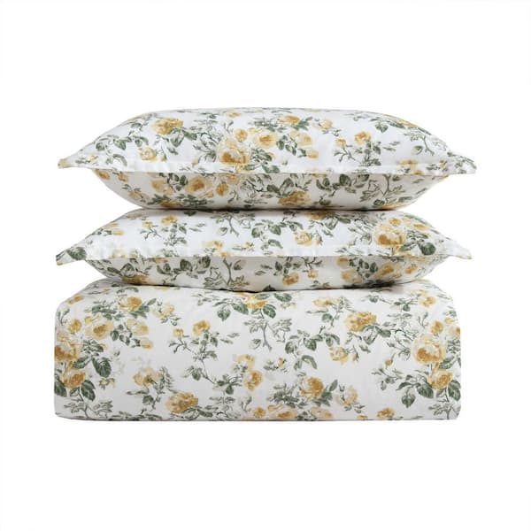 Laura Ashley Roses 2-Piece Gold/Green Cotton Twin Duvet Cover Set