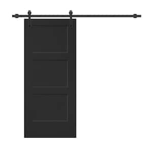 30 in. x 80 in. Black Stained Composite MDF 3-Panel Equal Style Interior Sliding Barn Door with Hardware Kit