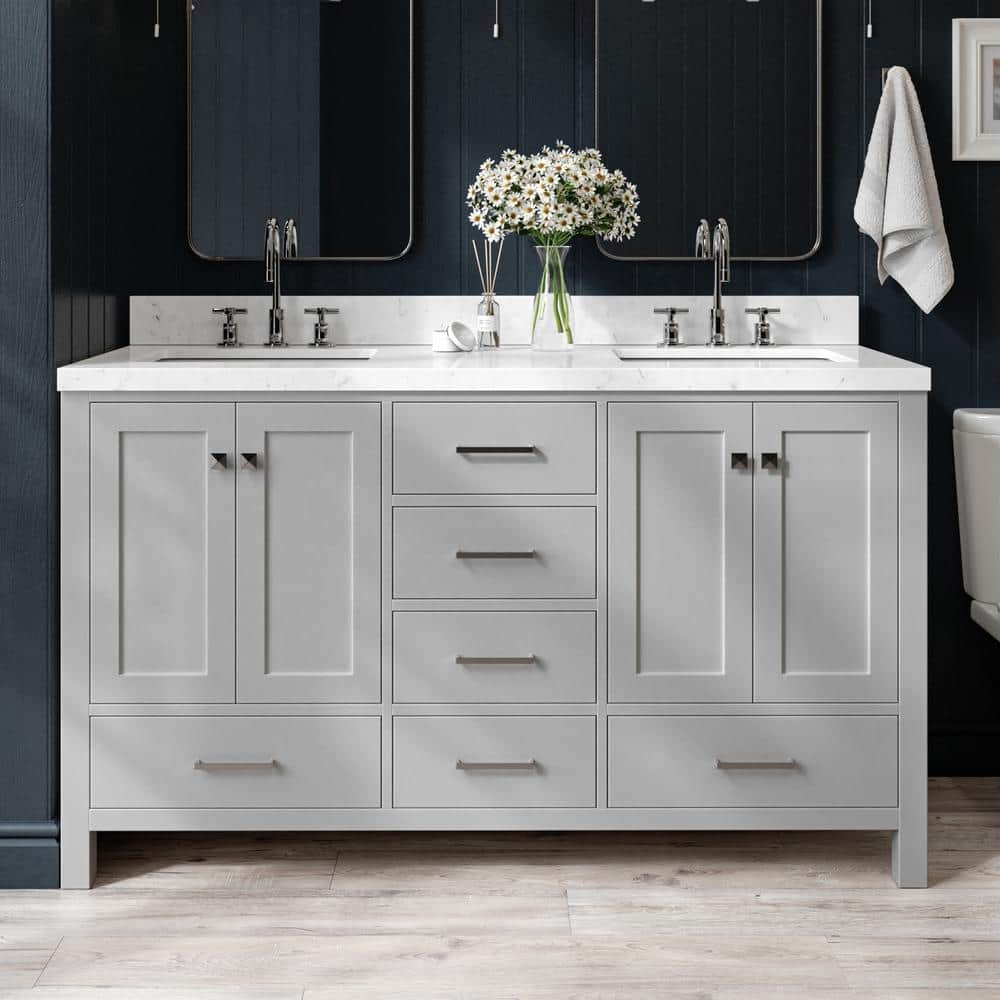 Cambridge 60 in. Double Sink Freestanding Bath Vanity in Gray with Carrara White Quartz Top & Sidesplash price history on PriceWatchPro