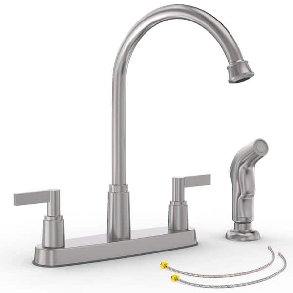 2-Handles Deck Mount 8 in. Centerset Standard Kitchen Faucet with Side Sprayer 3-Hole or 4-Hole in Brushed Nickel