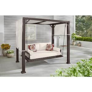 61 in. Metal Wicker Patio Daybed Swing with Almond Biscotti Cushions