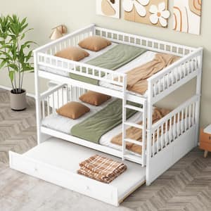 Detachable Style White Full over Full Wood Bunk Bed with Twin Size Trundle, Convertible Beds