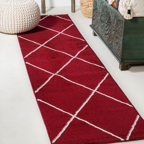 JONATHAN Y Cole Red/White 2 ft. x 10 ft. Minimalist Diamond Trellis Area Rug