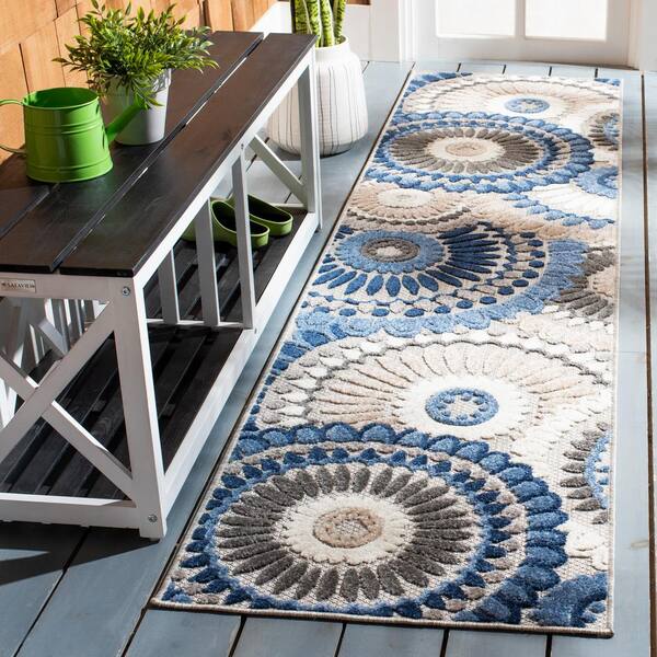 Cabana Gray/Blue 2 ft. x 13 ft. Medallion Floral Indoor/Outdoor Runner Rug