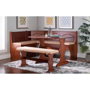 Zoe 4-Piece L-Shape Walnut Wood Top Nook Dining Set with Beige Cushions Seats 5