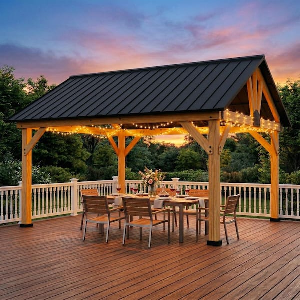 13 ft. x 11 ft. Cedar Wood Outdoor Patio Hardtop Gazebo with Ceiling Hook and Galvanized Steel Roof