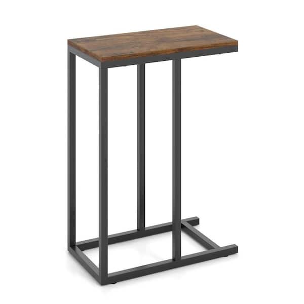 18 in. Brown Wood Brown C-Shaped Rectangle Side Table Industrial Sofa Table with Heavy-Duty Metal Frame