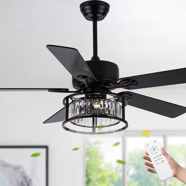 Bella Depot Luxflow 52 in. Indoor Matt Black Crystal Caged Ceiling Fan with Light and Remote, Reversible Ceiling Fan